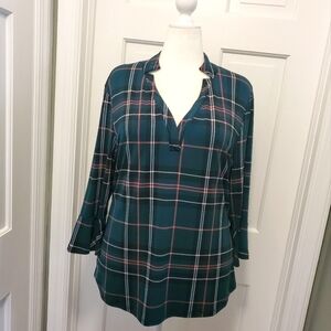7th Avenue New York & Company Plaid Green Knit Top Size XL, Festive